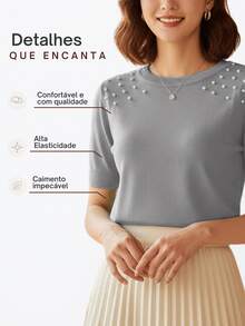 Blusa Tricote Femino Manga Curta Detalhes Perolas Básica Casual Marrie Tricot - Cinza - Visão 2