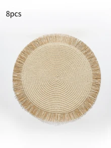 1pc/4pcs/6pcs/8pcs Khaki/Beige Round Woven Rattan Double Color Tassel Placemats, Heat Resistant Non-Slip Kitchen Table Mats, Insulation Pads, Table Decor For Party Dinner - Beige - View 16