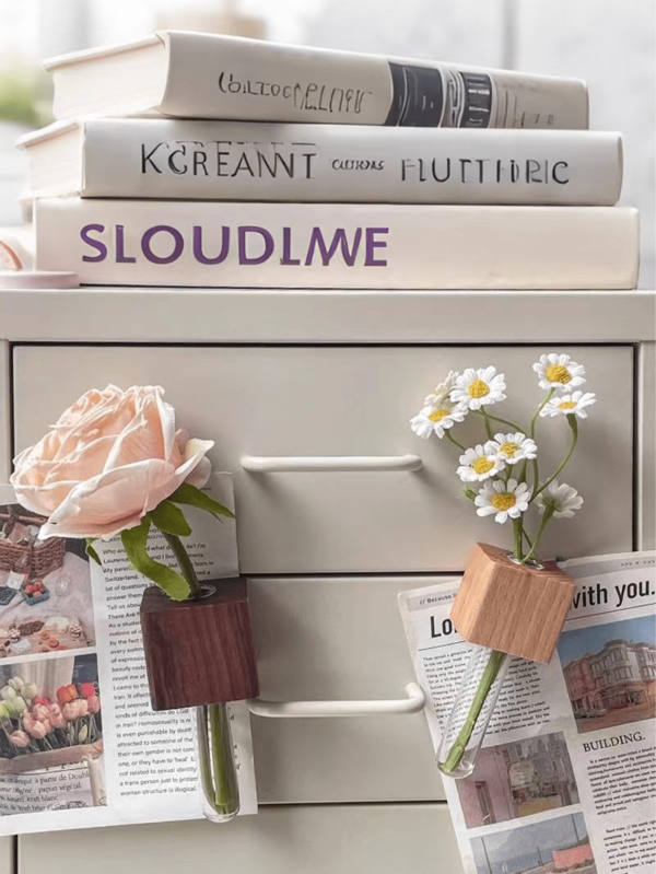 Jarrón magnético de madera maciza - Imán de nevera y decoración de pared 3D creativa - Decoración del hogar Decoración de habitación Jarrón de vidrio