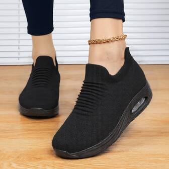 女士全黑休闲运动鞋，气垫气垫一脚蹬针织袜鞋，舒适舞蹈服