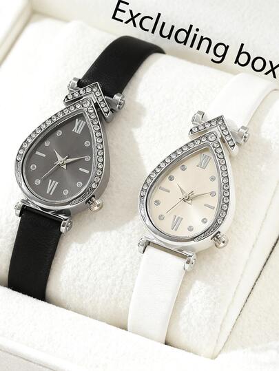 2pcs/Set Fashionable Minimalist Style Women's Quartz Watch With Leather Strap, Teardrop & Snake Shape Watch Set