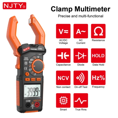 NJTY 1 件钳形万用表电流表套件，带蜂鸣器的数字钳形表，可测量电流、电压、温度、电容、电阻、检测、二极管连续性占空比
