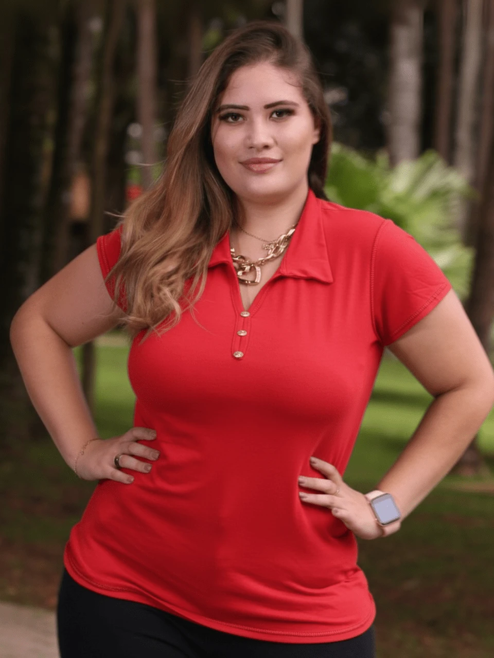 Women's Plus Size Blouse Social Shirt Polo Collar Decorative Button V-Neck Breathable Basic Short Sleeve Spring Summer Everyday Viscolycra Mesh Fashion Elegant Clothing Casual T-Shirt - 紅色 - 查看 1