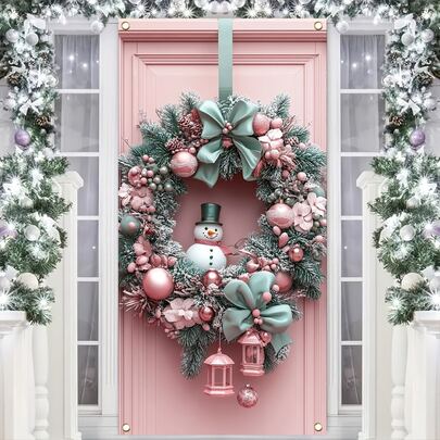 1pc, Festive 35.4x70.8-Inch Polyester Wreath With Snowman, Christmas Bow Bouquet, Indoor & Outdoor Holiday Decor, Contemporary Style, No Feather, No Power Needed
