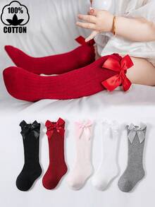 5 Paar Mädchen Baumwolle Schleife einfarbig Kniestrümpfe, Schul-Stil Baby lange Röhrensocken