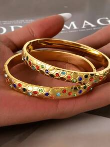 1 件复古有力的个人设计长城纹理 18K 镀不锈钢手链，适合女性和中性男士日常佩戴，礼物 - 金色 - 查看 6