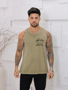 Men's Summer Printed Scoop Neck Tank Top With Stonewashed Knit Stitching - 卡其色 - 查看 2