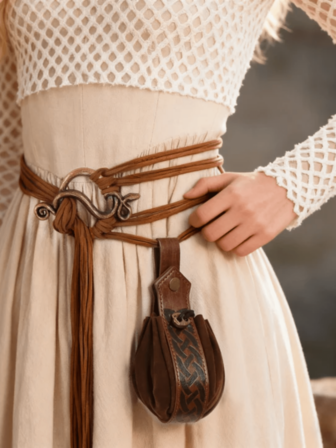 3Medieval Retro PU Leather Waist Rope, Waist Bag And Snake Buckle For Renaissance Viking Dress Noble Female Role Playing Props Halloween Costume And Other Natural PU Medieval Four Seasons