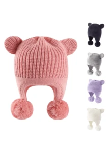 1pc Girls' Knitted Hat With Bear Ears & Pom Poms - Soft, Striped, Lightweight Winter Hat, Suitable For Everyday, Casual And Holiday Wear - 1PC - View 1