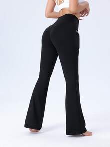 1pc Women's Fleece Flare Pants, Autumn/Winter Leggings, High Waist Lifting Tight Pants With Pockets, Suitable For Fitness, Yoga, Outdoor Sports, Dance, Golf