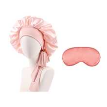 طقم من قبعة نوم طويلة الشعر للنساء بألوان سادة مع ربطات، قبعة مكياج بشرائط طويلة، وقناع نوم من الحرير الصناعي بلون سادة