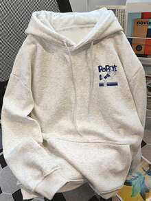 女士灰色花卉图案卫衣，休闲宽松美式风格卡通印花连帽卫衣，秋季款 - 花灰色 - 查看 5