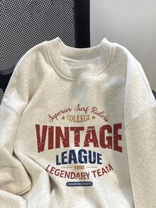 女士休闲宽松字母印花圆领运动衫，修身，秋季 - 花灰色 - 查看 3