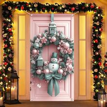 1pc Winterland Contemporary Style Polyester Snowman Wreath With Bow, Pink Festive Hanging Decoration, 35.4x70.8-Inch, Indoor & Outdoor Christmas Banner, No Feather, No Power Needed - Multicolor - View 3