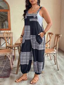 女士轻盈休闲宽松连体裤，适合海滩、日常通勤、居家、街头风、开学/毕业季穿着，格子图案，春夏优雅之选 - 黑與白 - 查看 5