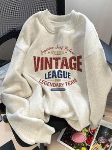 女士休闲宽松字母印花圆领运动衫，修身，秋季 - 花灰色 - 查看 1