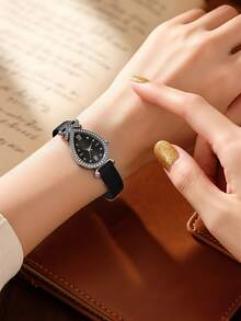 2 件/套时尚简约风格女士石英表，配皮革表带、泪珠和蛇形手表套装 - 黑與白 - 查看 2