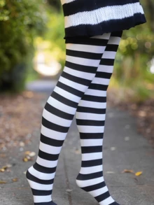 1pc Black & White Striped Tights - Retro Contrast Pattern Tights For Women, Statement Making For Everyday Outfits Available In Sizes XS To L - Black and White - View 4