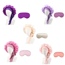 طقم من قبعة نوم طويلة الشعر للنساء بألوان سادة مع ربطات، قبعة مكياج بشرائط طويلة، وقناع نوم من الحرير الصناعي بلون سادة