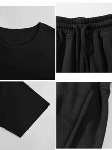 Men's Short-Sleeved T-Shirt Casual Trousers Cotton Suit, Summer 2-Piece Suit Printed Mountain Triangle Icon Print Round Neck T-Shirt + Drawstring Pants Outdoor Casual Sports Pants 2-Piece Suit - 黑色 - 查看 5