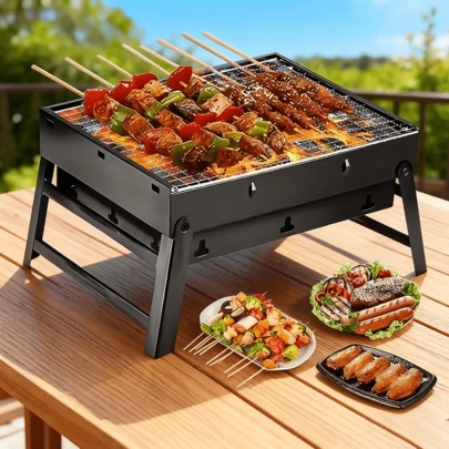 17" Folding Portable BBQ Charcoal Grill - Compact Tabletop Mini Smoker - Small Outdoor Grill For Travel Backyard Picnic Beach