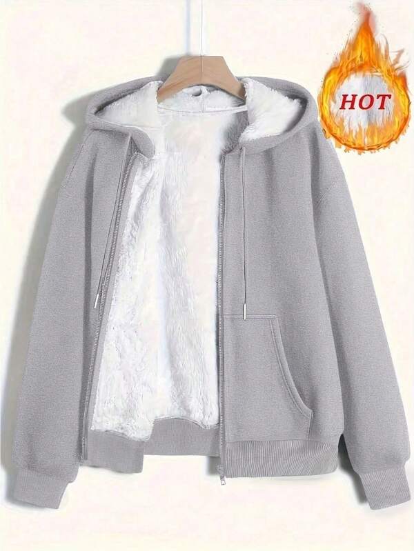 European And American Plus Size Warm Women's Autumn And Winter Edition Solid Color Plush Zipper Pocket Basic Jacket
