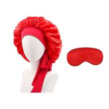 طقم من قبعة نوم طويلة الشعر للنساء بألوان سادة مع ربطات، قبعة مكياج بشرائط طويلة، وقناع نوم من الحرير الصناعي بلون سادة