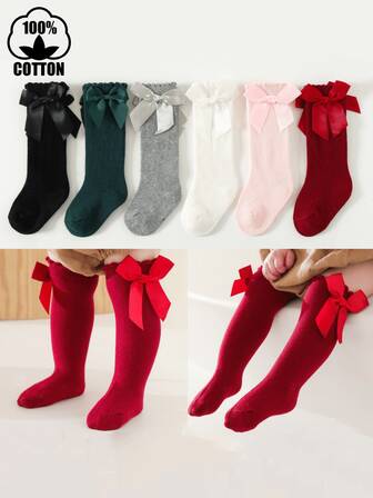 6 pares de calcetines de algodón con lazo de unicolor hasta la rodilla para niñas, estilo escolar