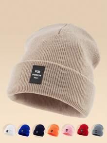 1pc Unisex Outdoor Casual N86BROOKLYN Letter Black Leather Label Knit Beanie, Multi-Color, Minimalist, Cute, Warm, Autumn/Winter - Hedging Cap - View 8