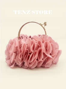女士优雅花卉褶皱缎面晚宴手拿包 - 时尚雪纺花瓣手提包，配链条肩带，完美适用于新娘、婚礼、舞会、伴娘、毕业派对、春季晚宴、鸡尾酒会和特殊场合（图案随机） - 珊瑚粉 - 查看 11