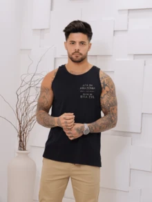 Men's Summer Printed Scoop Neck Tank Top With Stonewashed Knit Stitching - 黑色 - 查看 2