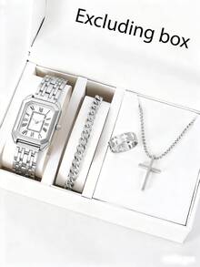 4 件套女士奢华钢带手表，女士时尚简约方形石英腕表套装 - 白色 - 查看 2