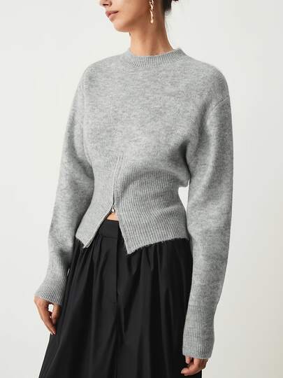 Women's Elegant Casual Knit Pullover Sweater, Solid Color Minimalist Round Neck, Zipper Hem Slit, Fashionable Simple Commuter, Classy Old Money Style, Women's Street Wear, Autumn/Winter