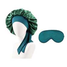 طقم من قبعة نوم طويلة الشعر للنساء بألوان سادة مع ربطات، قبعة مكياج بشرائط طويلة، وقناع نوم من الحرير الصناعي بلون سادة