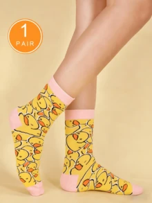 1双黄色水手袜，鸭子图案，休闲中筒袜，适合运动、休闲外出、返校季以及作为圣诞礼物。 - 彩色 - 查看 15