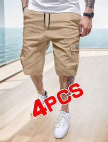 4-Pack Men's Summer Cargo Shorts - Non-Elastic, Casual Style With Pockets, Loose Fit Suitable For Outdoor Sports, Street Parties And Travel, Men's Cargo Shorts Simple And Fashionable Versatile Sports Pants - Khaki + Gray + Blue + Black - View 4