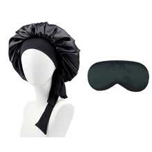 طقم من قبعة نوم طويلة الشعر للنساء بألوان سادة مع ربطات، قبعة مكياج بشرائط طويلة، وقناع نوم من الحرير الصناعي بلون سادة