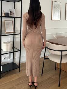 Elegant Casual Knit Dress, Leopard Print Patchwork Color Block Dress, Vintage Style, Fashionable Minimalist Commuter Outfit, Suitable For Parties, Gatherings, Evenings, And Daily Wear, New Year, Thanksgiving Attire - Khaki - View 2