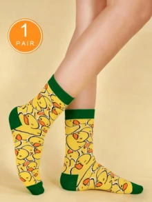 1双黄色水手袜，鸭子图案，休闲中筒袜，适合运动、休闲外出、返校季以及作为圣诞礼物。 - 彩色 - 查看 20