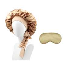 طقم من قبعة نوم طويلة الشعر للنساء بألوان سادة مع ربطات، قبعة مكياج بشرائط طويلة، وقناع نوم من الحرير الصناعي بلون سادة