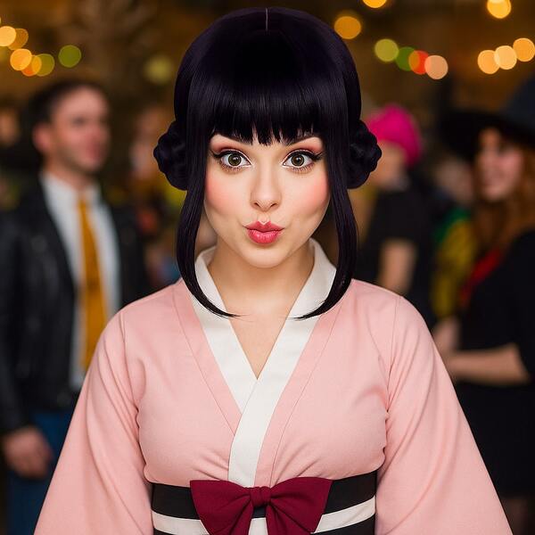 Peluca de disfraz de anime negro y morado oscuro con flequillo y dos moños trenzados para mujeres, para Halloween, fiestas y uso diario