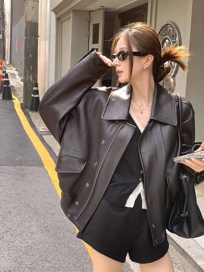 Women's Fashion PU Leather Metal Button Pocket Long Sleeve Jacket Coat, Autumn/Winter