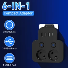 2AC Outlet + 3USB + 1 Type-C Multi-Function Travel Adapter Converter, Compact Portable Wall Plug Socket Extender Suitable For Office, Travel, Gaming, Home, School