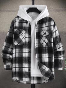 Chaqueta casual de hombre de franela a cuadros de manga larga, chaqueta gruesa y cálida adecuada para el trayecto diario, versátil para otoño/invierno - Blanco y Negro - Ver 2