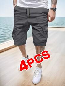 4-Pack Men's Summer Cargo Shorts - Non-Elastic, Casual Style With Pockets, Loose Fit Suitable For Outdoor Sports, Street Parties And Travel, Men's Cargo Shorts Simple And Fashionable Versatile Sports Pants - Khaki + Gray + Blue + Black - View 5