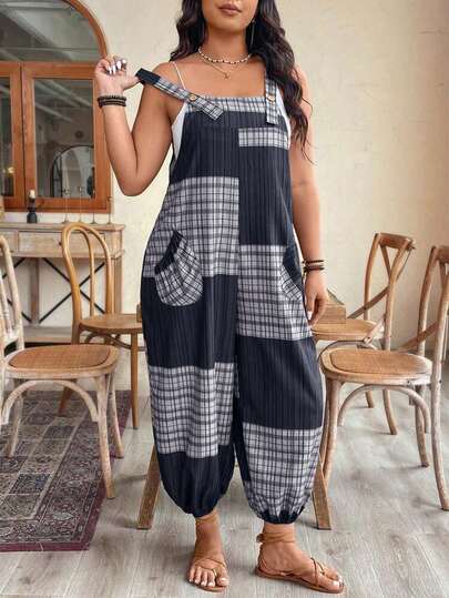 Women's Lightweight Casual Loose Fit Jumpsuit, Suitable For Beach, Daily Commute, Home, Street Style, School/Graduation Season, Plaid Pattern, Spring/Summer