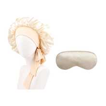 طقم من قبعة نوم طويلة الشعر للنساء بألوان سادة مع ربطات، قبعة مكياج بشرائط طويلة، وقناع نوم من الحرير الصناعي بلون سادة