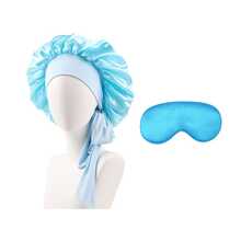 طقم من قبعة نوم طويلة الشعر للنساء بألوان سادة مع ربطات، قبعة مكياج بشرائط طويلة، وقناع نوم من الحرير الصناعي بلون سادة
