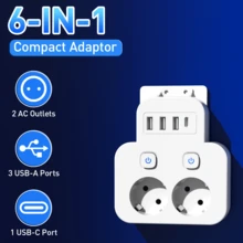 2AC Outlet + 3USB + 1 Type-C Multi-Function Travel Adapter Converter, Compact Portable Wall Plug Socket Extender Suitable For Office, Travel, Gaming, Home, School