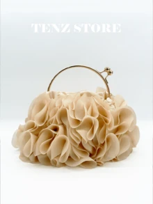 Apricot Floral Petal Handbag, Chiffon Ruffle Floral Decor, Gold Handle And Shoulder Strap, Large Capacity For Phone, Lipstick, Suitable For Wedding Guest, Party, Gala, Dinner Date, Cocktail, Graduation Ceremony And Formal Occasions - Apricot - View 11